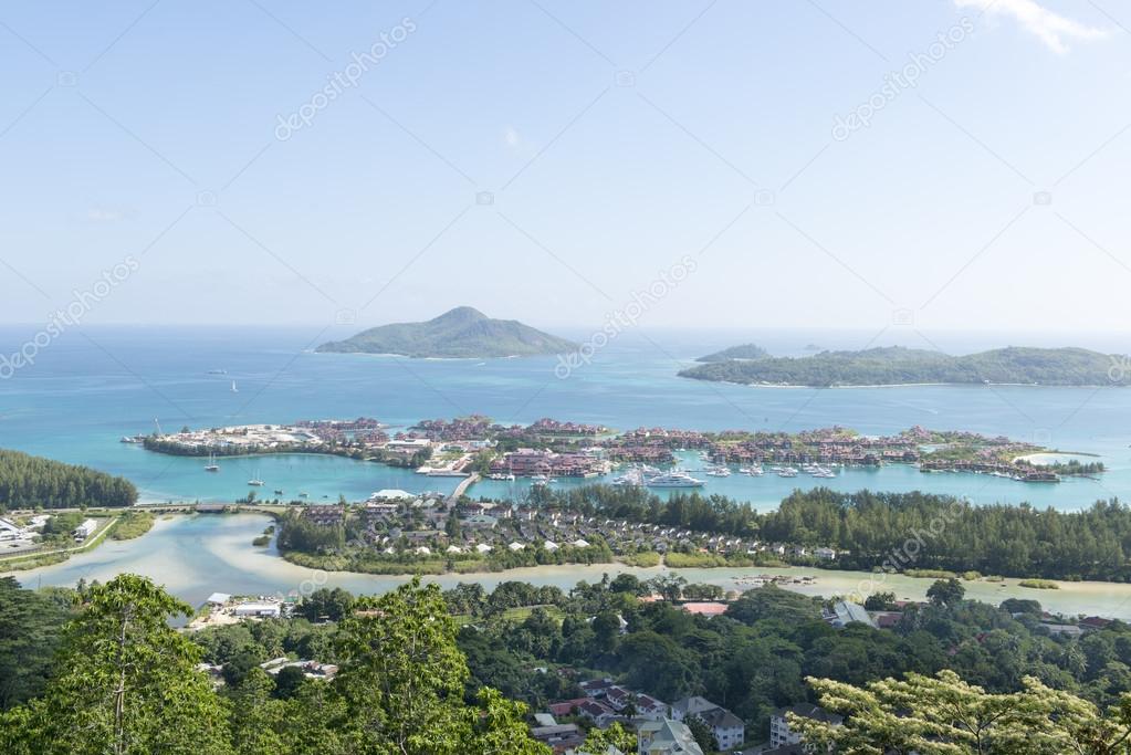 Aerial view on the coastline of the Seychelles Islands and luxury Eden Island from Victoria viewpoint, Mahe