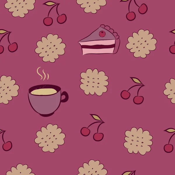 Naadloze patroon met gebak, cherry en koffie. — Stockvector