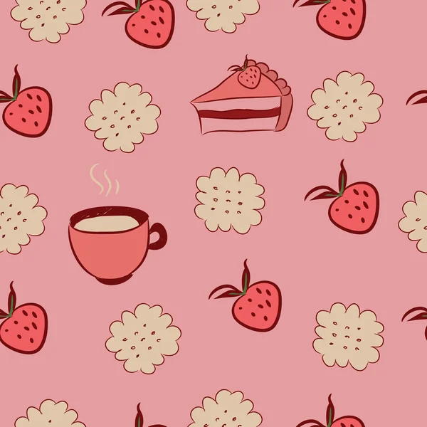케이크, 딸기, 커피와 함께 완벽 한 패턴. — 스톡 벡터