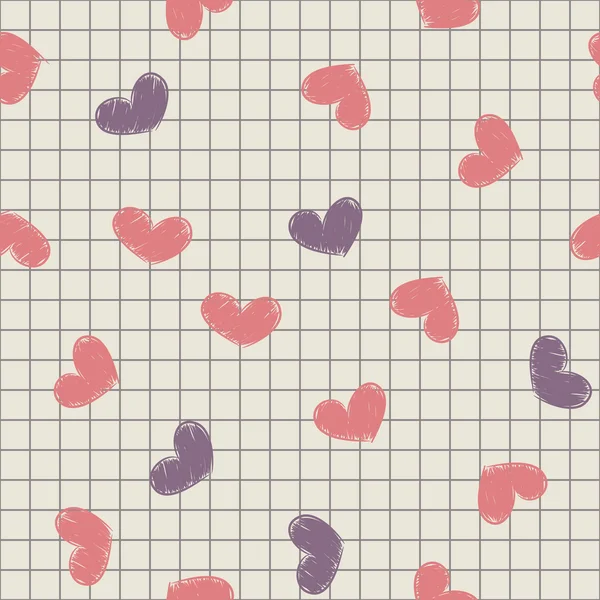 Naadloze met inkt geschilderd harten op een vel van notebook. — Stockvector