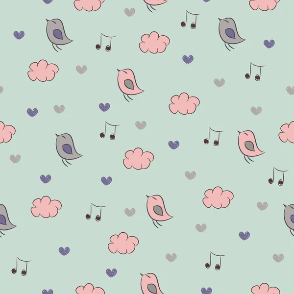 Seamless pattern with birds, hearts, clouds and notes. Vector Graphics