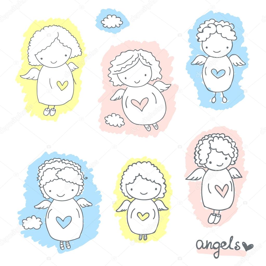 Set of cute sketch angels