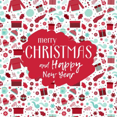 Christmas and Happy New Year greeting card, invitation with cute pattern in vector. Red and blue gifts, mittens, caps, branches and snowflakes, and text.