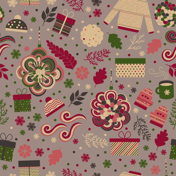 Seamless Pattern Christmas Vector Red Green Gifts Toys Branches Snowflakes — Archivo Imágenes Vectoriales