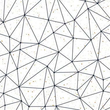 Geometrik çokgen dikişsiz arka planlar. Siyah desen ve beyaz arka planda altın sıçrama. Vektör illüstrasyonu.