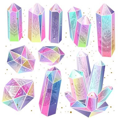 Gökkuşağı kristalleri izole edilmiş. Yapraklar, yosunlar, güveler, taşların içinde güller. Şeffaf renkli gradyan taşlar veya teraryumlar. Altın sıçramalar. Sihirli peri masalı teması. Vektör illüstrasyonu.