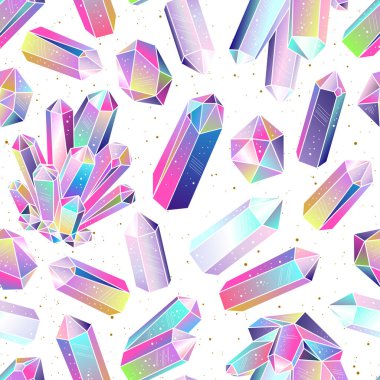 Seamless pattern with colorful fairytale crystals gems. Rainbow multicolored gem stones. Vector background.