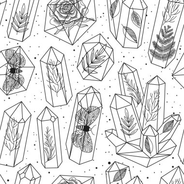 Seamless background with crystals gems, or terrariums, and leafs, moths, rose inside. Black and white line art pattern. Hand drawn style, magic fairytale theme. Vector illustration.
