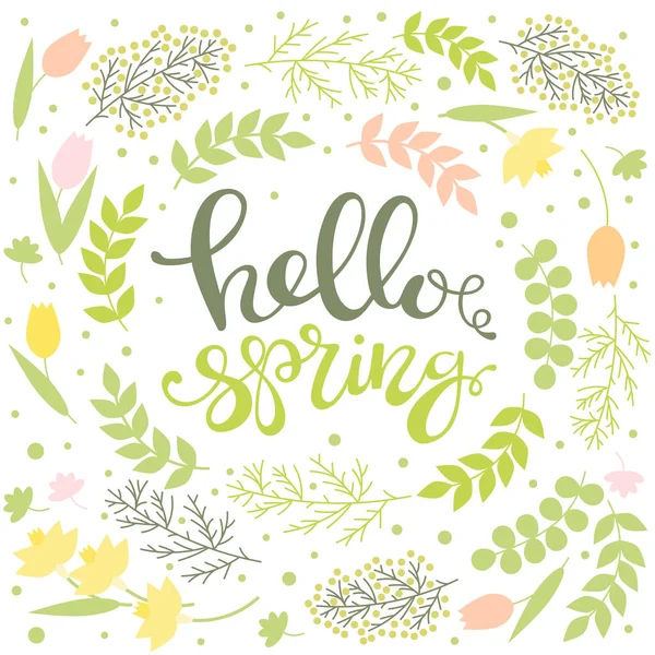 Hello Spring Üdvözlőlap Levél Virágtervezés Zöld Ágak Levelek Nárcisz Mimóza — Stock Vector