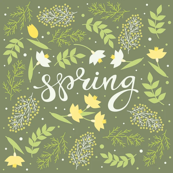 Tavaszi Kézzel Írott Virágkártya Narcissus Mimosa Zöld Levelek Hóvirág Felirat — Stock Vector