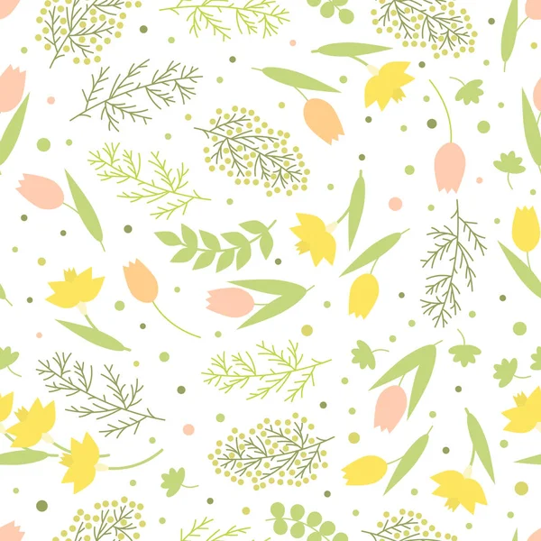 Naadloos Patroon Bloemenlente Achtergrond Groene Takken Bladeren Narcissen Mimosa Tulpen — Stockvector