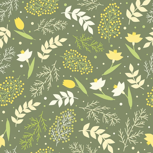 Seamless Pattern Flower Forest Spring Background Green Branches Leaves Narcissus —  Vetores de Stock