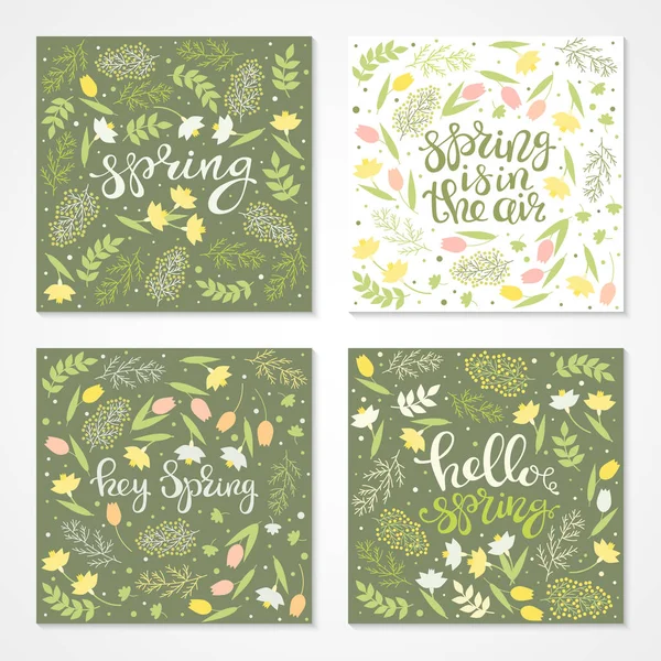 Spring Handwritten Floral Cards Set Narcissus Mimosa Snowdrops Green Leaves — Vetor de Stock