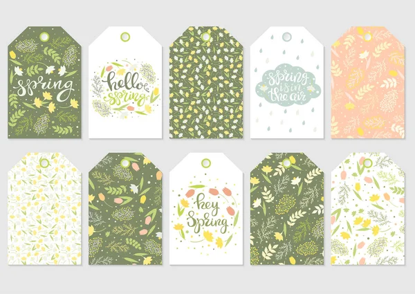 Nettes Geschenk Tags Set Frühlingsflorale Muster Handgeschriebener Text Blüten Mimosen — Stockvektor