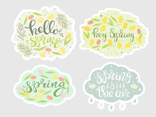 Frühling Blumen Sticker Set Vorhanden Grüne Blätter Regenwolken Gelbe Narzissen — Stockvektor