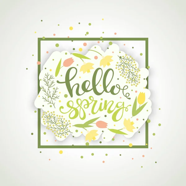 Hallo Frühlings Grußkarte Oder Einladung Handgeschriebene Schriftzüge Papierbanner Tulpen Und — Stockvektor