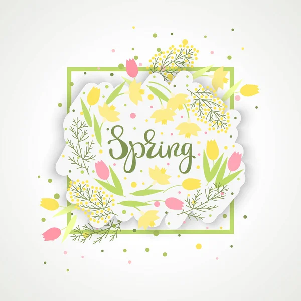 春季贺卡与花卉元素 手写字母 纸条旗 黄色郁金香和水仙花 自然的颜色矢量说明 — 图库矢量图片