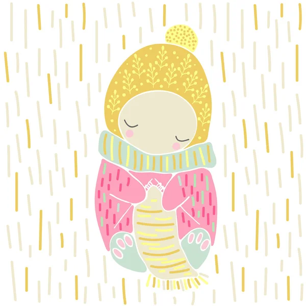 Cute Fairytale Character Knits Scarf Baby Illustration Pink Yellow Colors — Stockvektor