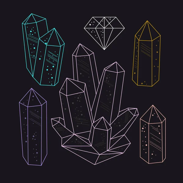 Cristales Mágicos Cuento Hadas Gemas Estilo Dibujado Mano Arte Línea — Vector de stock