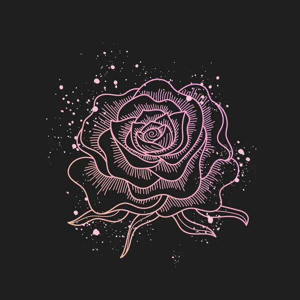 Rosa Rosa Flor Linha Arte Fundo Preto Pintar Salpicos Estilo —  Vetores de Stock