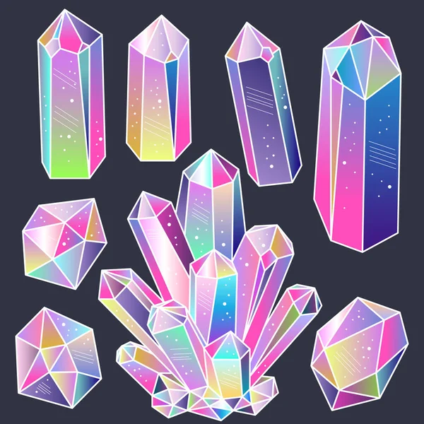 Conjunto Pegatinas Cristales Mágicos Cuento Hadas Coloridas Gemas Dibujos Animados — Vector de stock