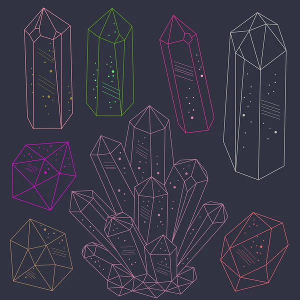 Cristales Mágicos Cuento Hadas Gemas Estilo Dibujado Mano Arte Línea — Vector de stock