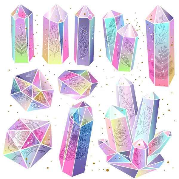 Set Rainbow Crystals Isolated Leafs Moss Moths Rose Gems Transparent — Stock Vector