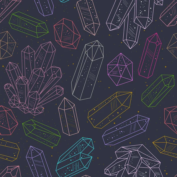 Patrón Sin Costuras Cristales Multicolores Gemas Estilo Dibujado Mano Línea — Vector de stock