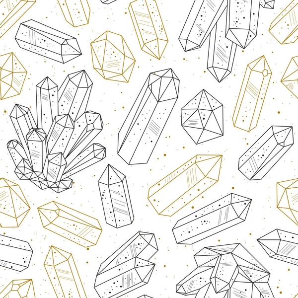 Seamless Pattern Black Golden Crystals Gems Line Art Hand Drawn — Stock Vector