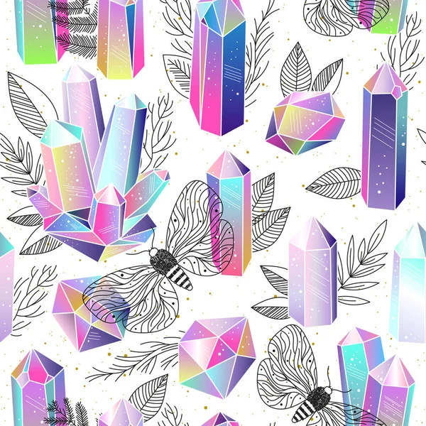 Seamless Pattern Rainbow Fairytale Crystals Gems Hand Drawn Black White — Stock Vector