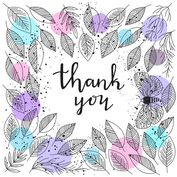 Thank You Handwritten Lettering Quote Leafs Frame Greeting Card Hand — Stock Vector