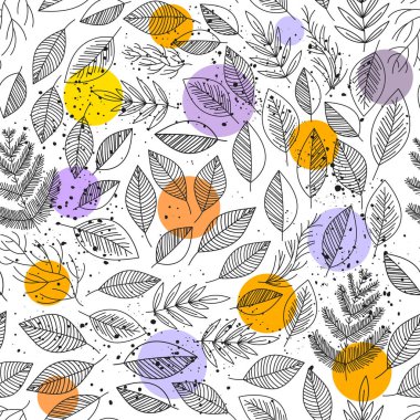 Çiçeksel elementlerle doğal, pürüzsüz desen. El çizimi sanat eserleri siyah beyaz yapraklar, dallar, mürekkep lekeleri ve renk lekeleri. Vektör illüstrasyonu.