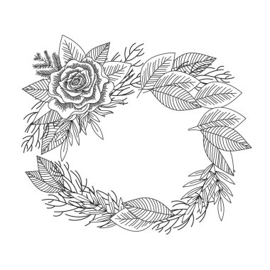 Siyah ve beyaz gül ve yapraklar yalıtılmış. El yapımı, çiçekli dekoratif çerçeve. Orman romantik doğal tarzı. Vektör illüstrasyonu.