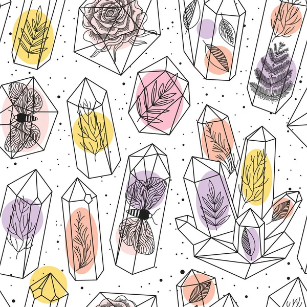 Seamless Background Crystals Gems Terrariums Leafs Moths Rose Black White — Stockvektor