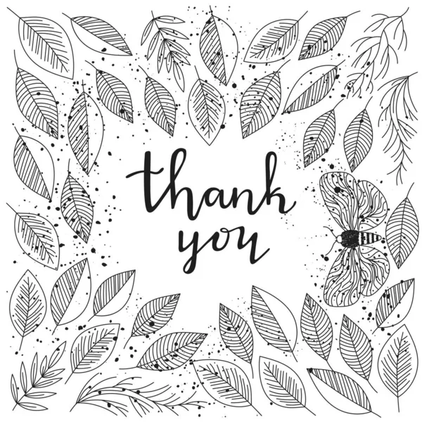 Thank You Hand Lettering Leafs Frame Greeting Card Hand Drawn — Stock Vector