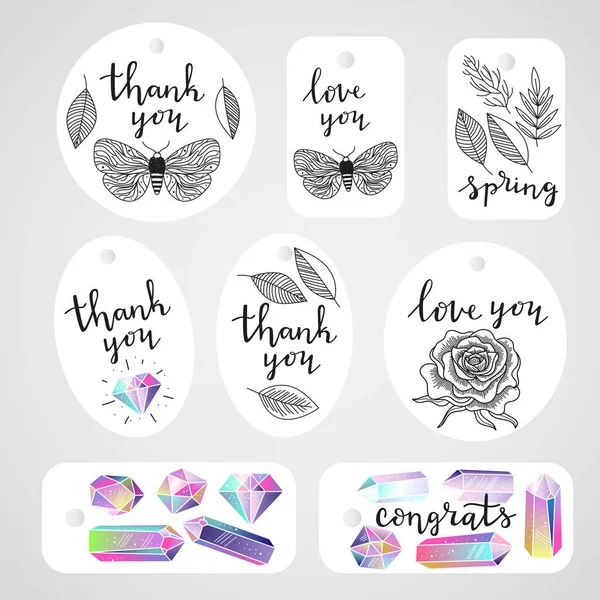 Set Tags Crystals Gems Leafs Butterfly Rose Flower Handwritten Lettering — Stock Vector