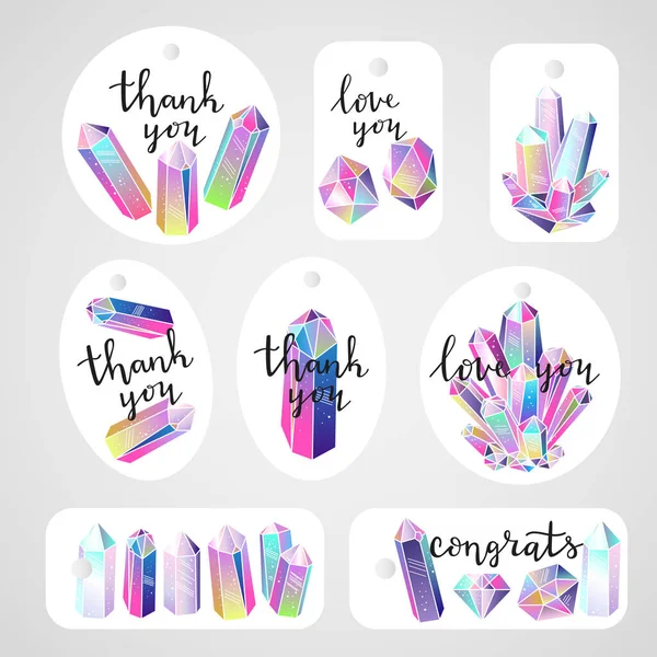 Set Tags Crystals Gems Handwritten Lettering Quotes Black Ink Quotes — Stock Vector