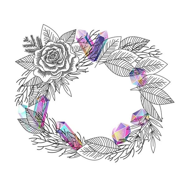 バラと結晶の宝石が隔離されたロマンチックなフレーム 黒と白の花の花輪と多色グラデーション虹の宝石の石 ベクターイラスト — ストックベクタ