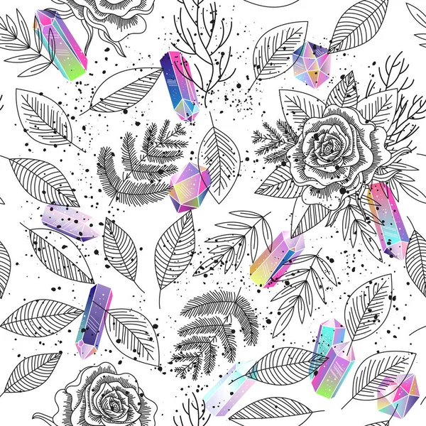 シームレスな背景 黒と白のバラ 葉とインク黒のスプラッシュ 手描きの花柄 多色の魔法の結晶 ベクターイラスト — ストックベクタ