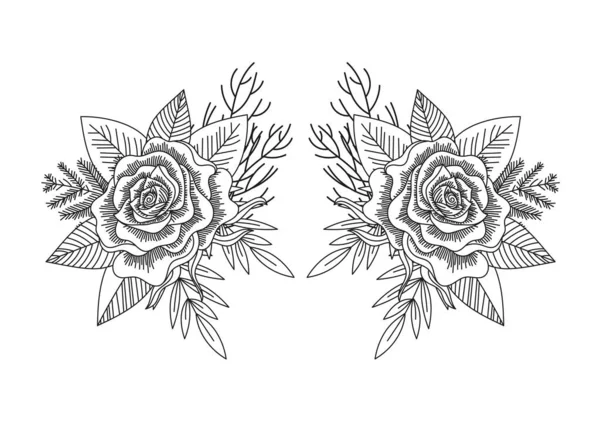Black White Roses Leaves Mirror Pattern Isolated Line Art Hand — ストックベクタ