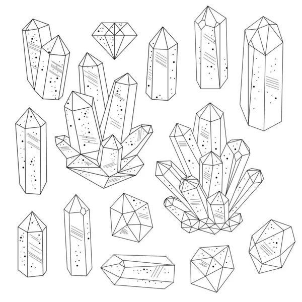 Conjunto Cristales Piedras Preciosas Blanco Negro Estilo Línea Arte Objetos — Vector de stock