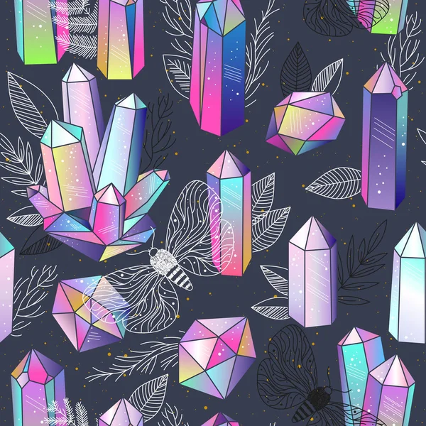 Naadloos Patroon Met Kleurrijke Sprookjesachtige Kristallen Edelstenen Zwart Wit Bladeren — Stockvector