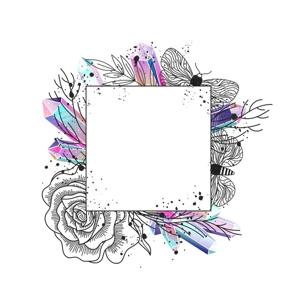 Frame Branches Moths Rose Flower Crystals Black White Floral Elements — Archivo Imágenes Vectoriales