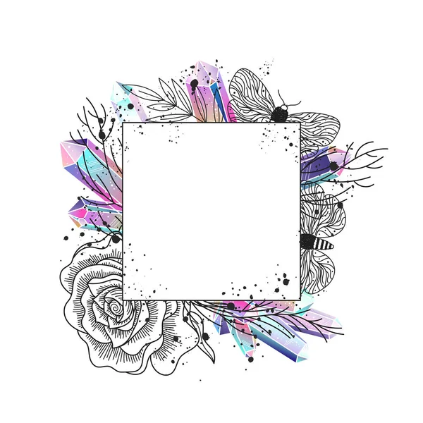 Frame Branches Moths Rose Flower Crystals Black White Floral Elements — ストックベクタ