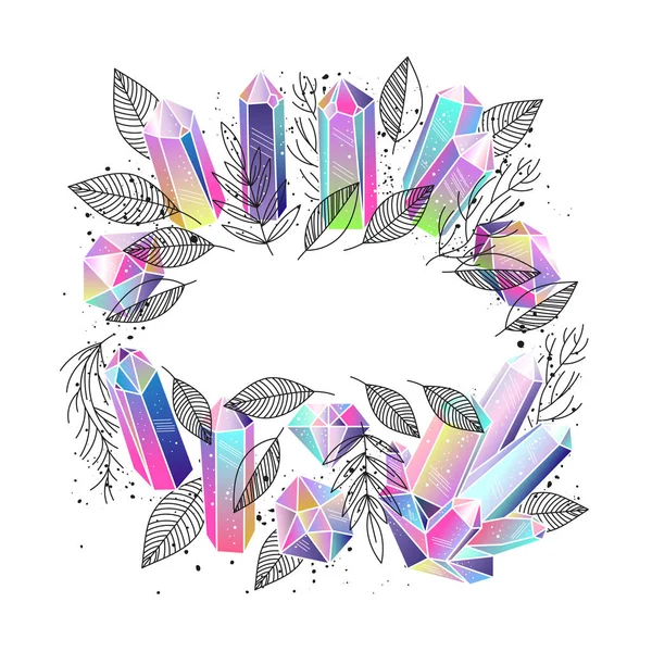 Frame Sjabloon Met Kristallen Edelstenen Bladeren Takken Zwart Witte Bloemenelementen — Stockvector