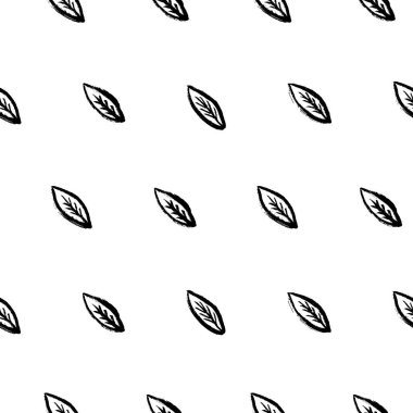 Elle çizilmiş yapraklarla kusursuz desen. Beyaz arka planda çapraz ince mürekkep siyah yaprakları. Vektör illüstrasyonu