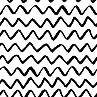 Seamless pattern with hand drawn zigzag lines. Hand painted grungy ink doodles, texture in black and white colors Vector chevron background.