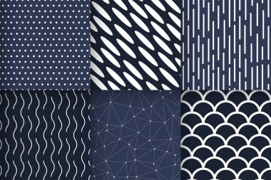 Set of navy blue and white seamless patterns with geometric shapes, polygonal, wavy, polka dot, stripes. Vector backgrounds in minimalist style.