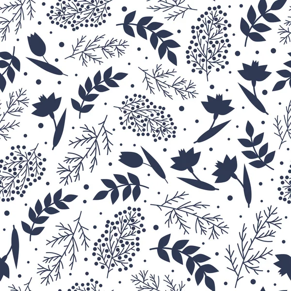 Vintage Bloemen Naadloos Patroon Blauwe Silhouetten Bloemen Bladeren Takken Witte — Stockvector