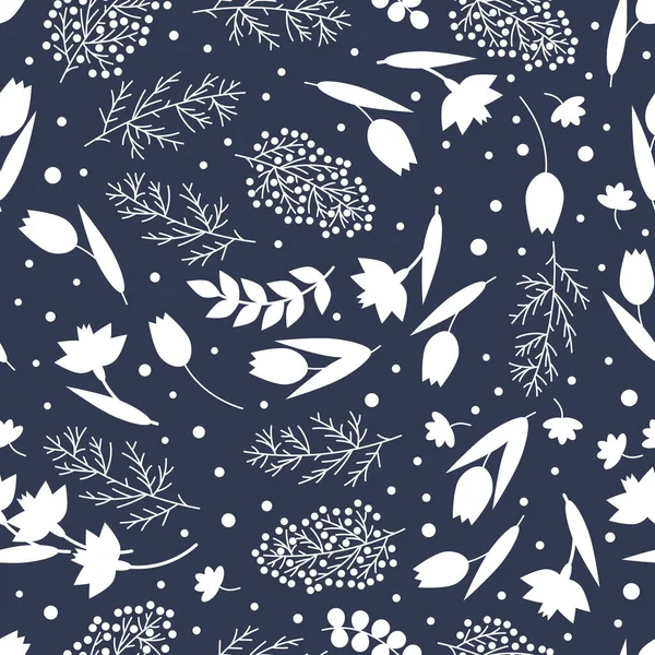 Flowers Seamless Pattern White Silhouettes Flowers Leafs Branches Dark Blue — Stock Vector